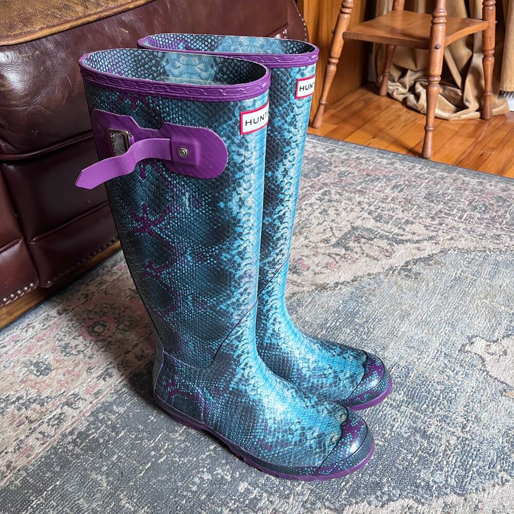Hunter Carnaby Knee High Wellington Boots Snake Print Purple Teal Size Women's 9